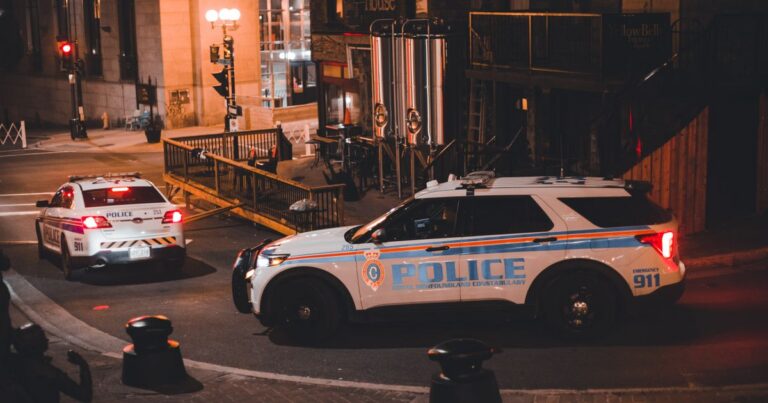 Two police vehicles parked on a city street at night under streetlights